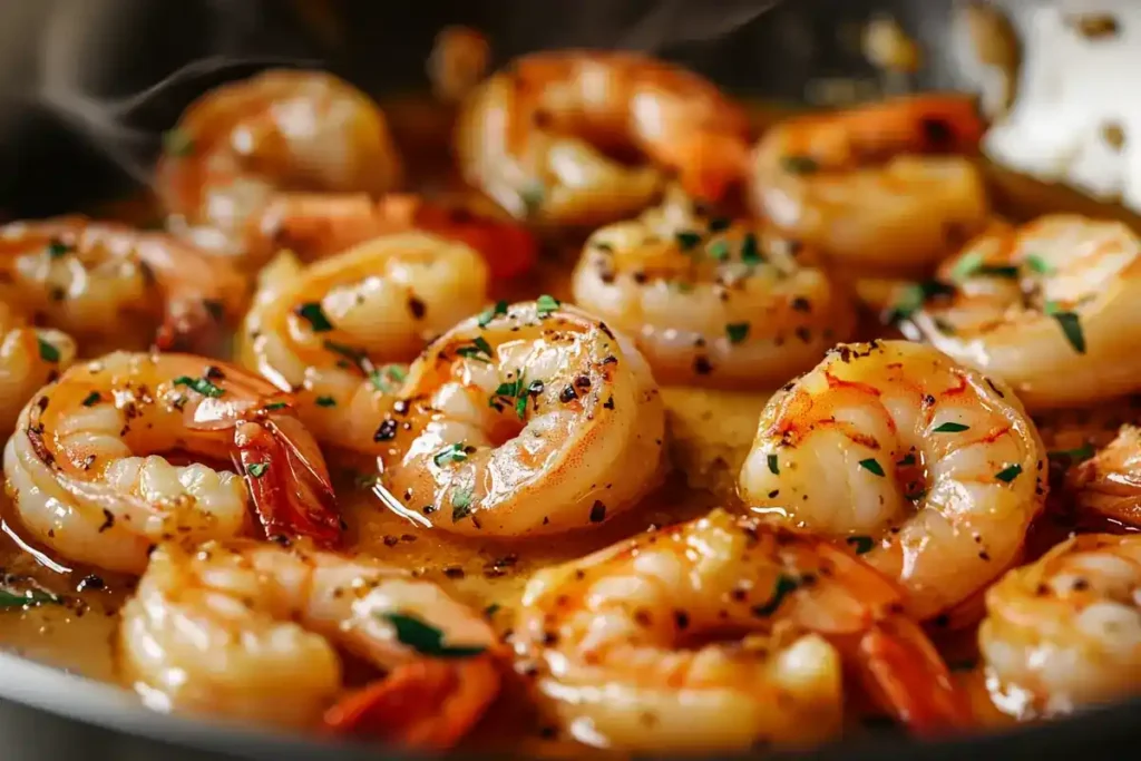 "Shrimp sizzling in a pan with butter and garlic for creamy shrimp scampi."	