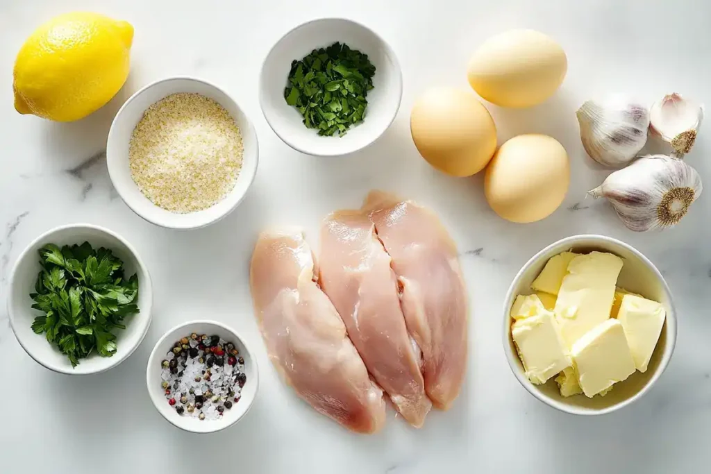 Fresh ingredients for Chicken Christopher neatly arranged on a white marble surface.	