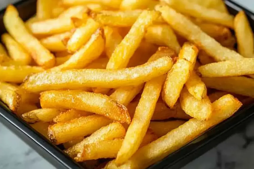 Crispy golden air-fried French fries inside an air fryer basket	