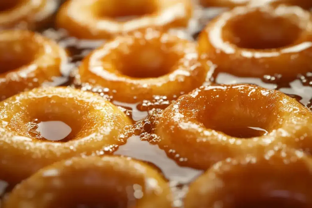 Golden vanilla creme donuts frying in oil.	