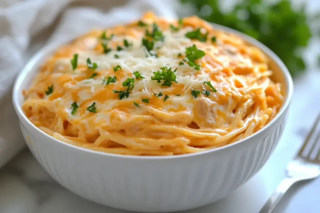 A bowl of crockpot chicken spaghetti with parmesan and parsley	