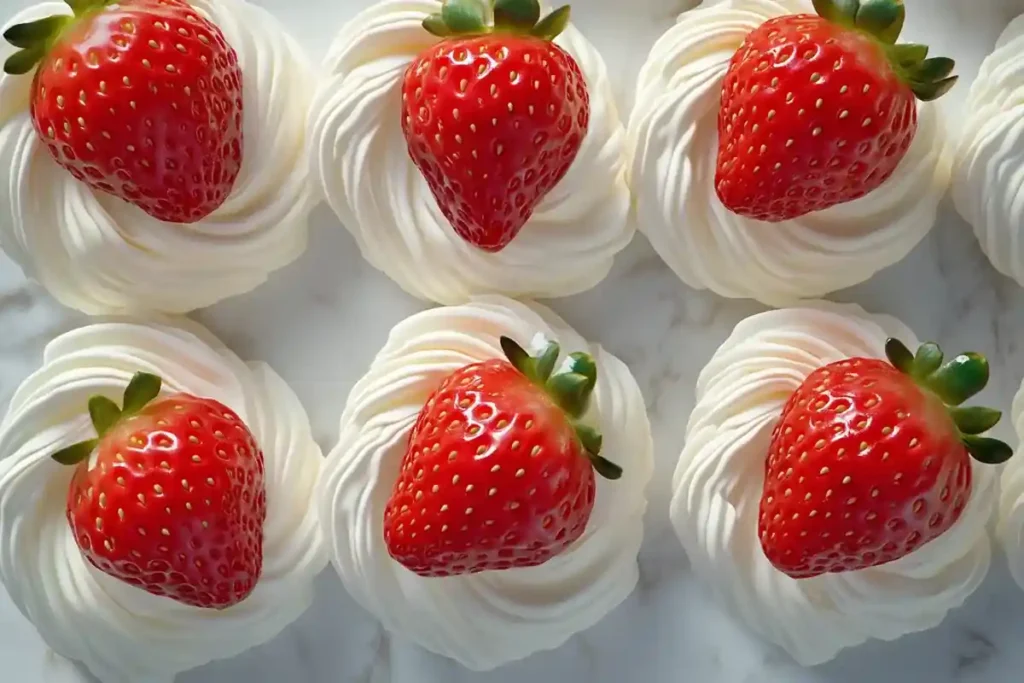 Strawberries topped with crema Chantilly on a marble plate.	