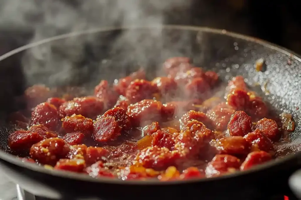 Cooking chorizo in a skillet for Spicy Chorizo Cheese Dip.