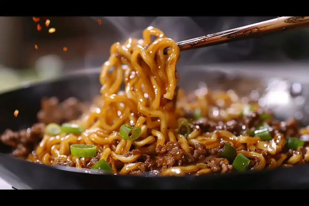 Mongolian ground beef noodles being tossed in a wok with rich sauce.	