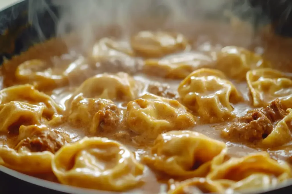 Tortellini simmering in a creamy, cheesy Philly cheesesteak sauce.	