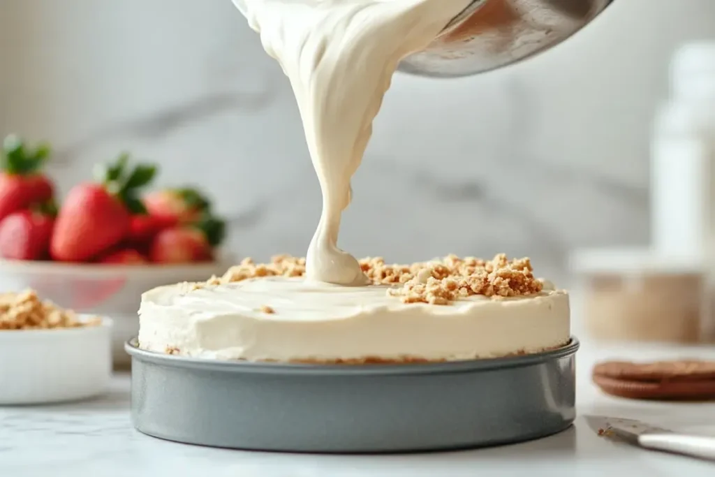 Cheesecake filling being poured into a crust in a springform pan.	