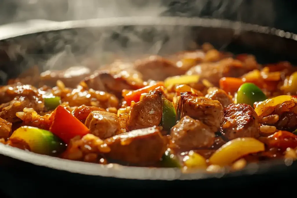 Jambalaya cooking in a cast iron pot with meats and vegetables.	