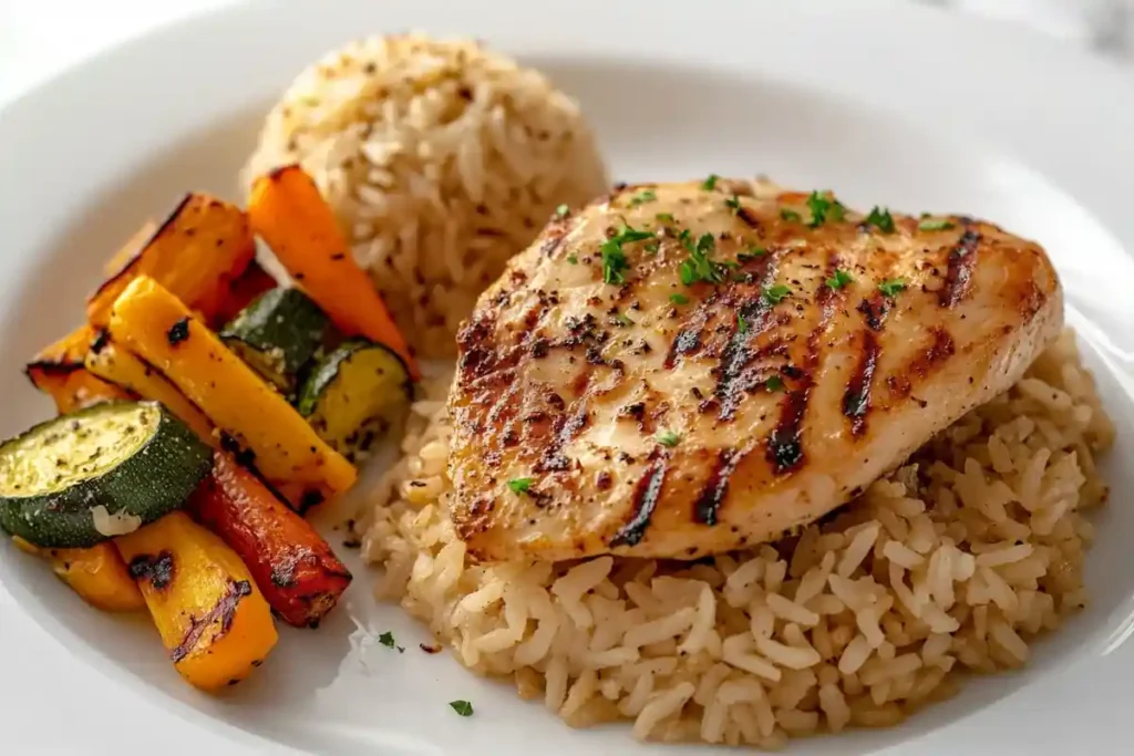 French Onion Rice with grilled chicken and vegetables	