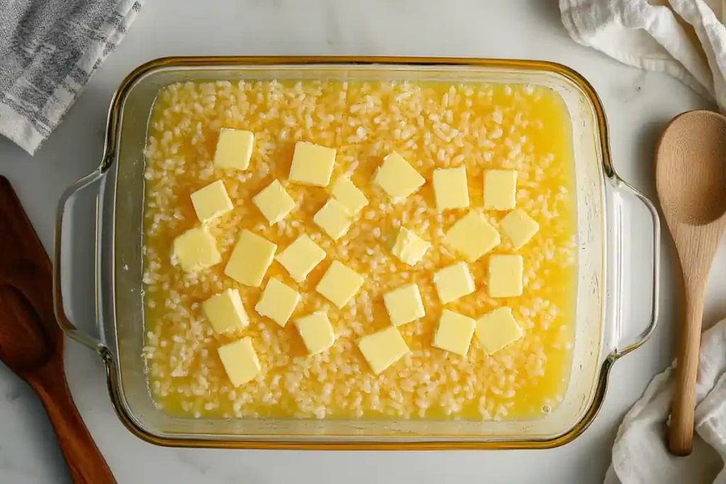 Stick of Butter Rice in a baking dish before cooking	