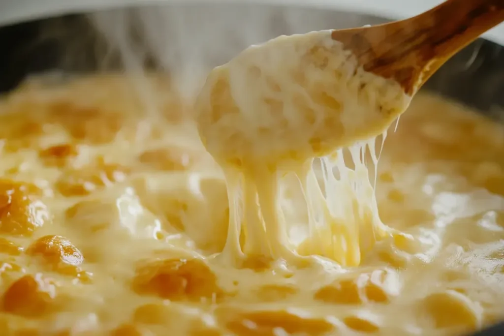 A pan of melting cheeses, including cheddar and Monterey Jack	