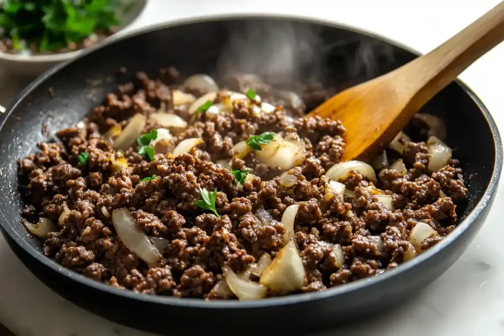 Ground beef cooking in a pan with onions, stirred with a wooden spatula.	