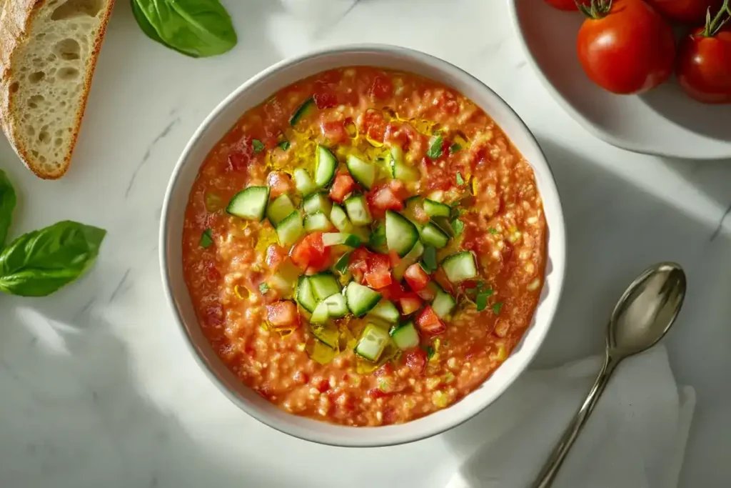 A bowl of chilled gazpacho soup garnished with diced cucumber and bell peppers.	