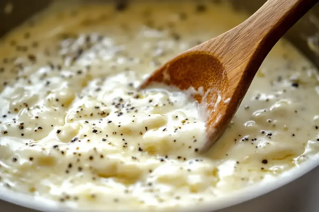 "Rich and creamy Parmesan garlic sauce being stirred in a pan."	