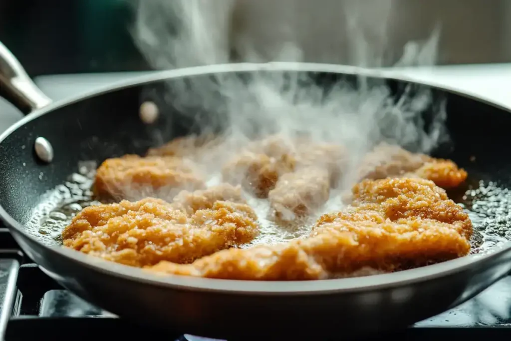 Chicken Christopher frying in a pan with sizzling butter.	