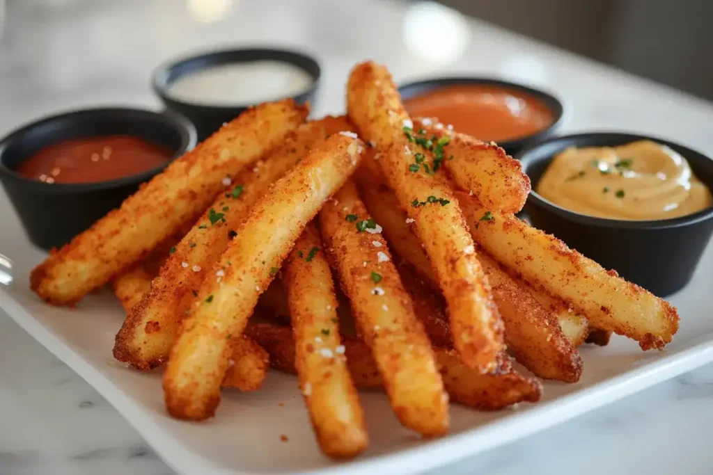 Seasoned air-fried French fries with dipping sauces	