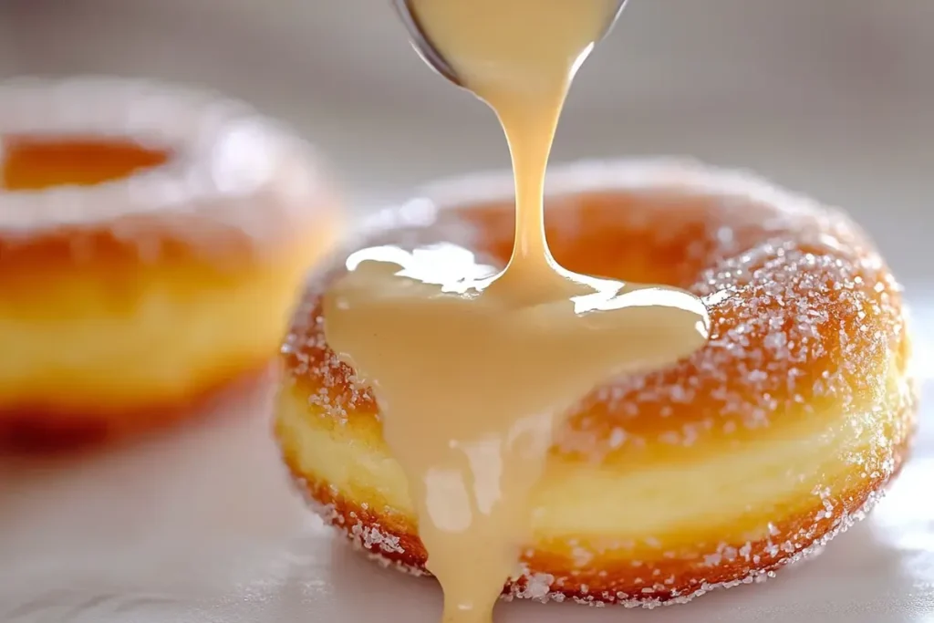 Piping vanilla custard into a freshly fried donut.	