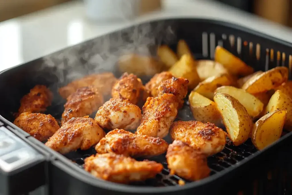 Air fryer basket with crispy chicken and potatoes	