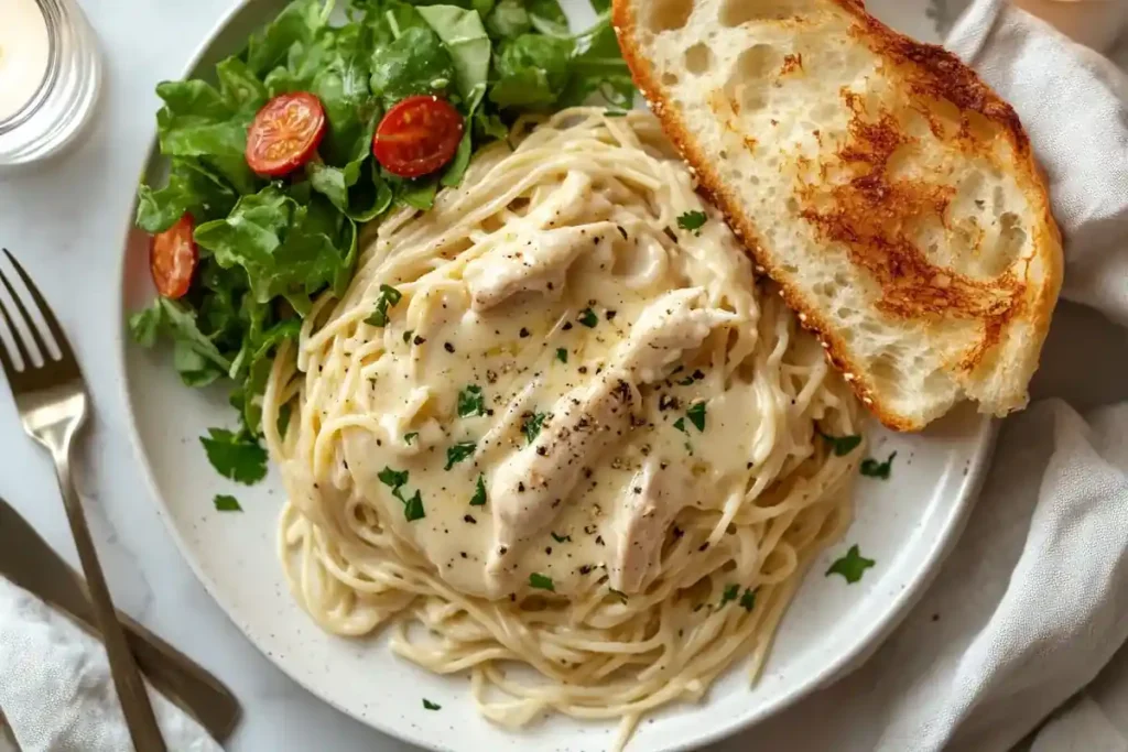 A plate of crockpot chicken spaghetti with garlic bread and salad	