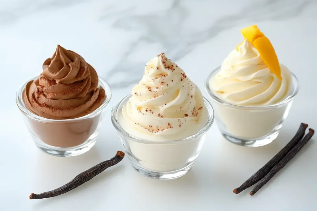 Different flavored variations of crema Chantilly in glass bowls.	