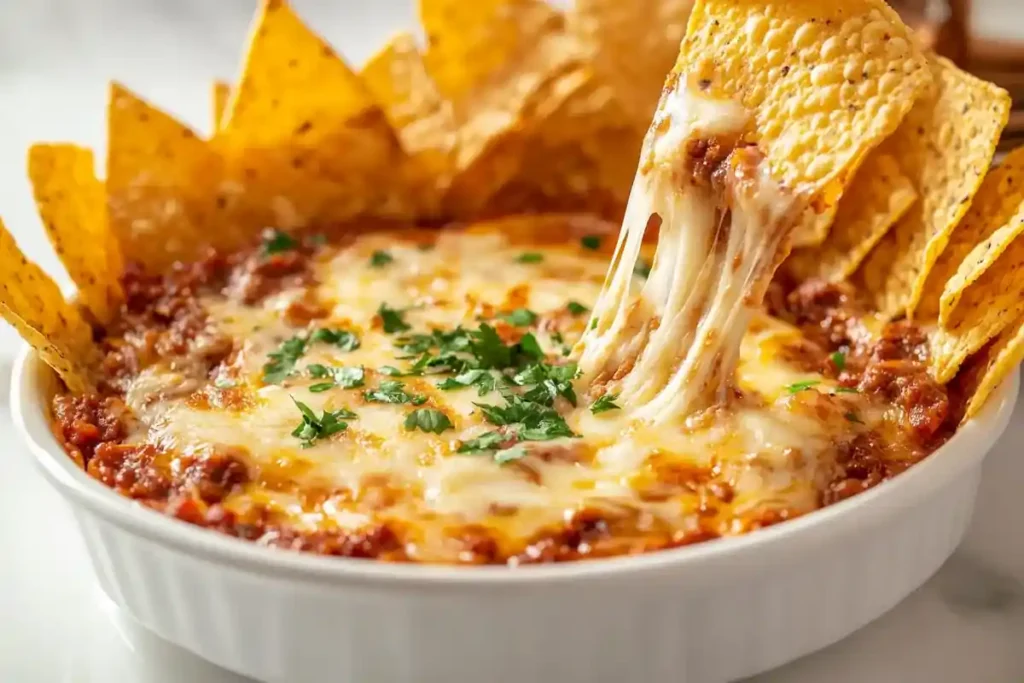 Spicy Chorizo Cheese Dip served with crispy tortilla chips.