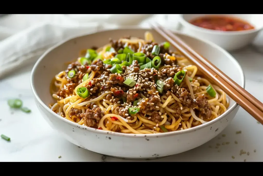 A bowl of Mongolian ground beef noodles with chopsticks on a white marble surface.	