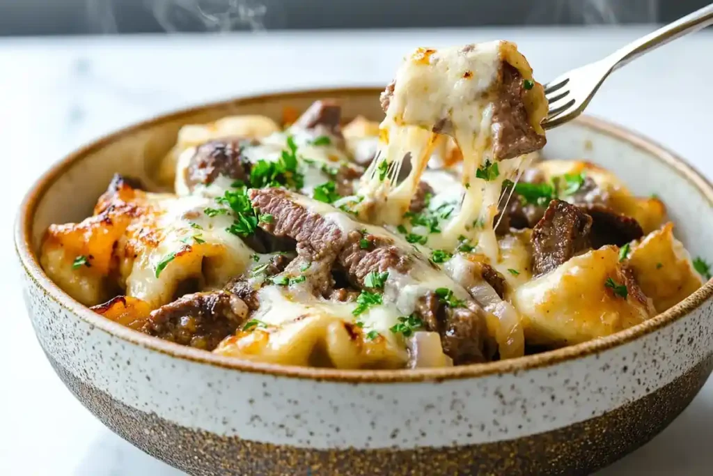 A bowl of Philly cheesesteak tortellini with cheese stretching from a fork.