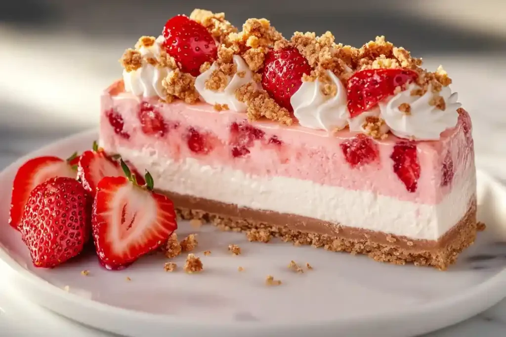 A plated slice of strawberry crunch cheesecake with fresh strawberries.	