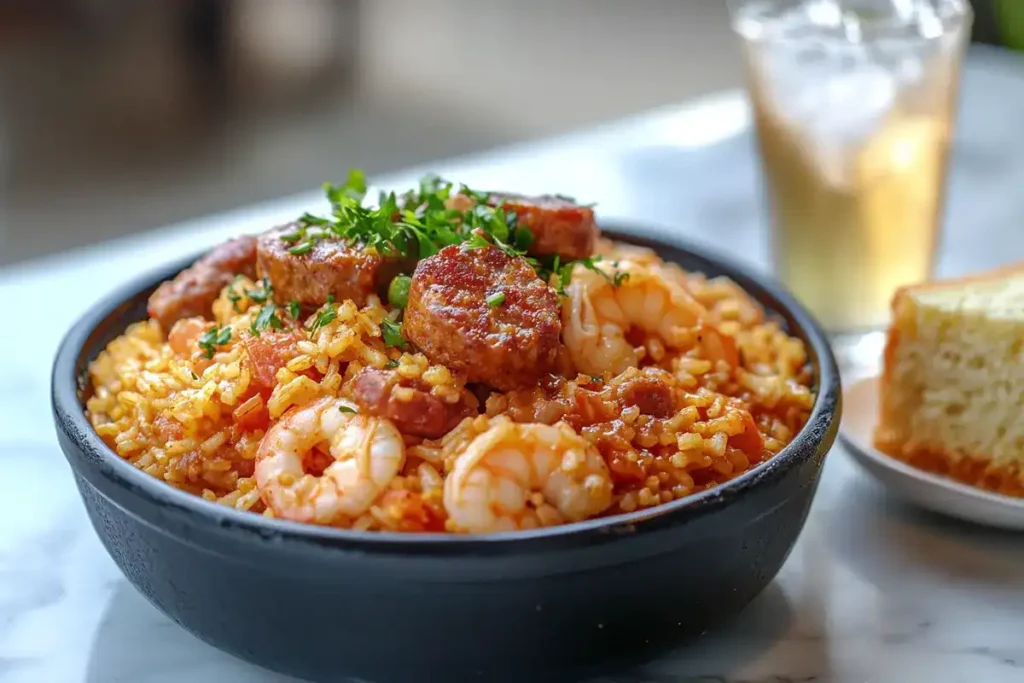 A plated serving of jambalaya with fresh herbs and cornbread.	