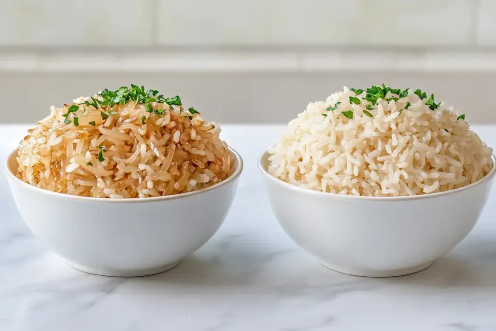 Perfectly cooked vs. mushy French Onion Rice	