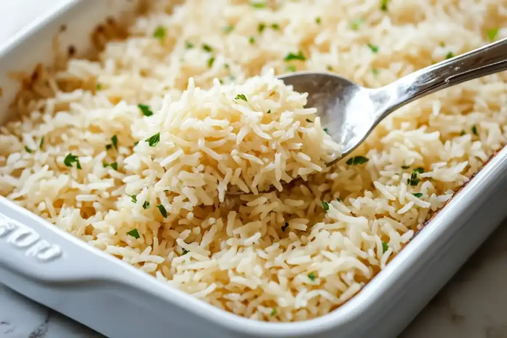 Freshly baked Stick of Butter Rice in a glass baking dish	