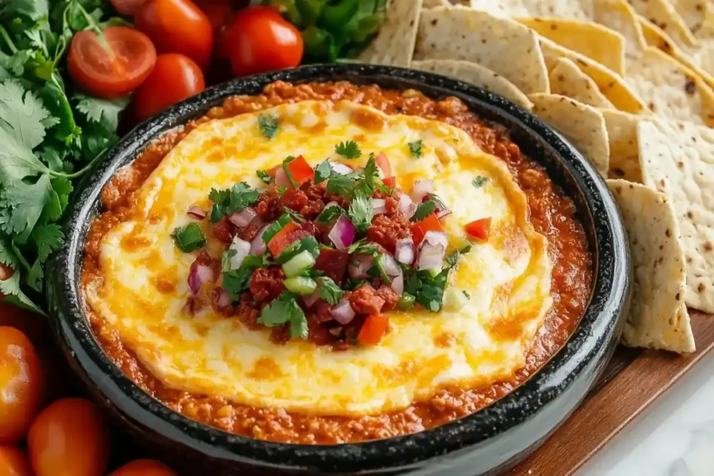 A serving platter with Chorizo Queso Dip and various dipping options	