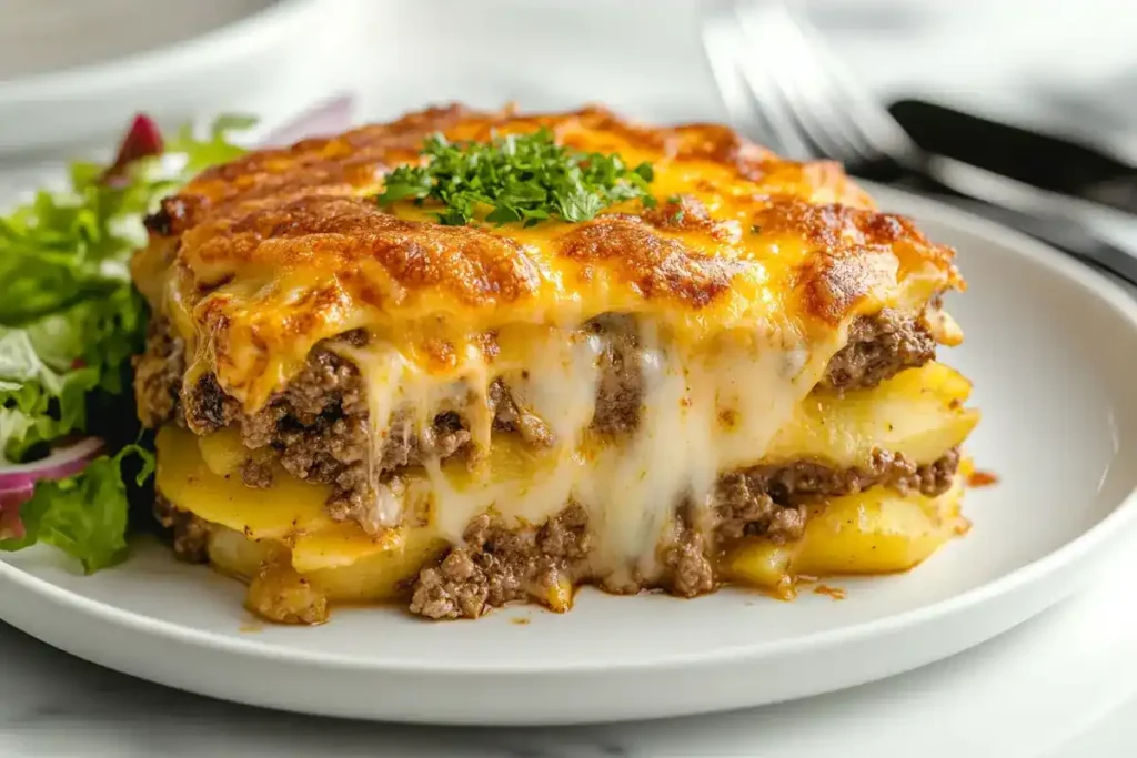 A plated serving of hamburger potato casserole with a fresh green salad.	