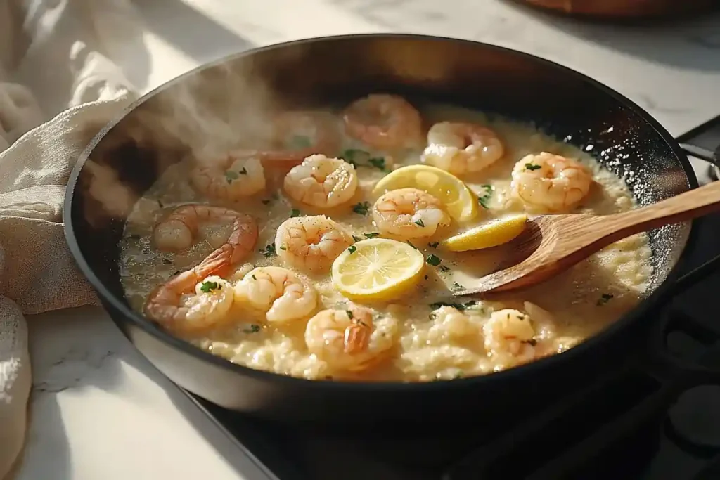 A sizzling skillet of shrimp scampi cooking in garlic butter sauce.	