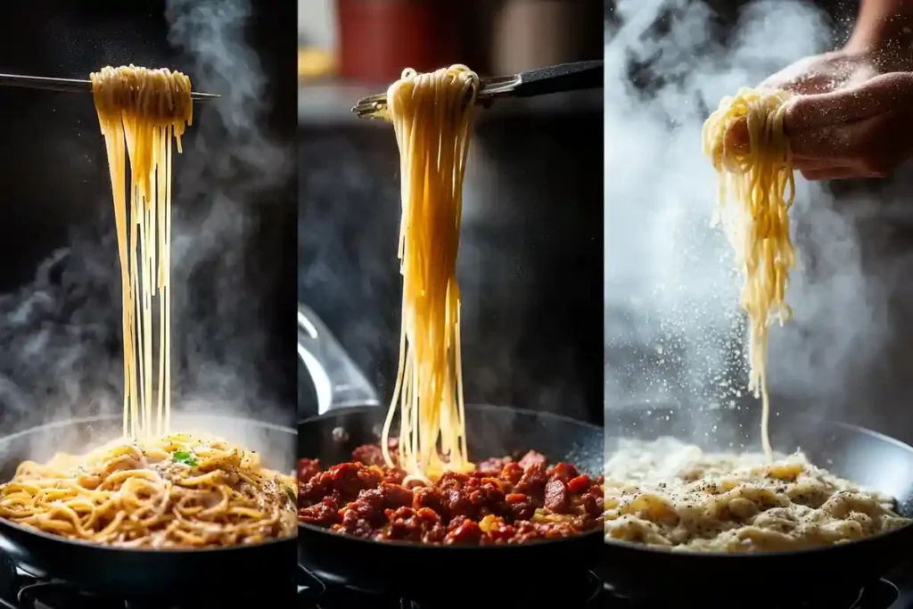 "Spaghetti coated in a creamy Smoky Chorizo Pasta sauce, lifted with tongs."	