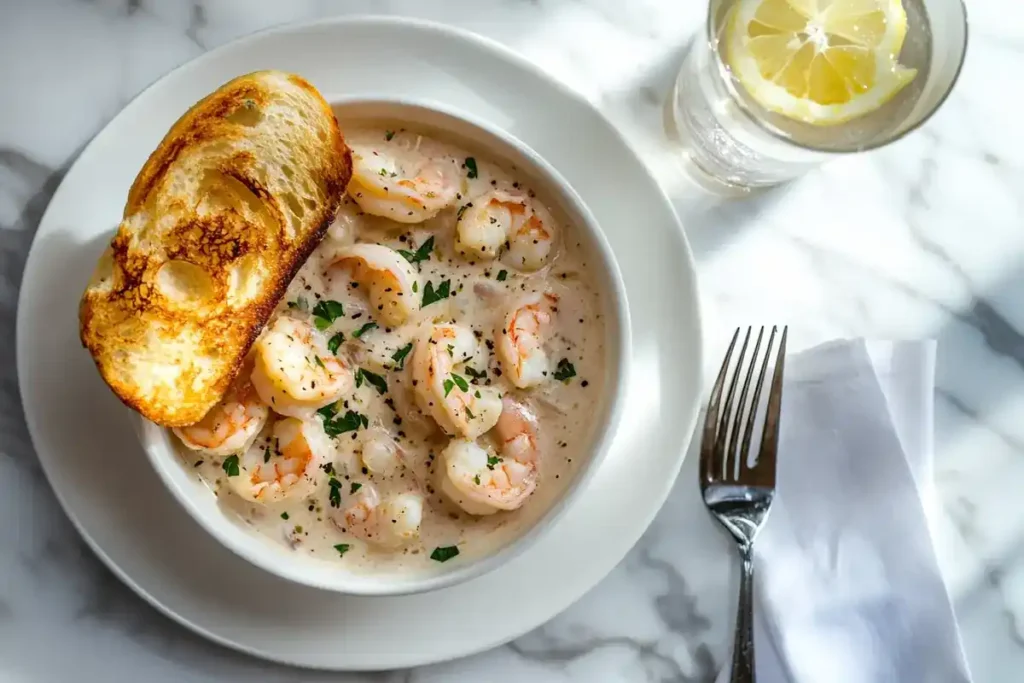 "A bowl of creamy shrimp scampi served with garlic bread on a white marble table."	