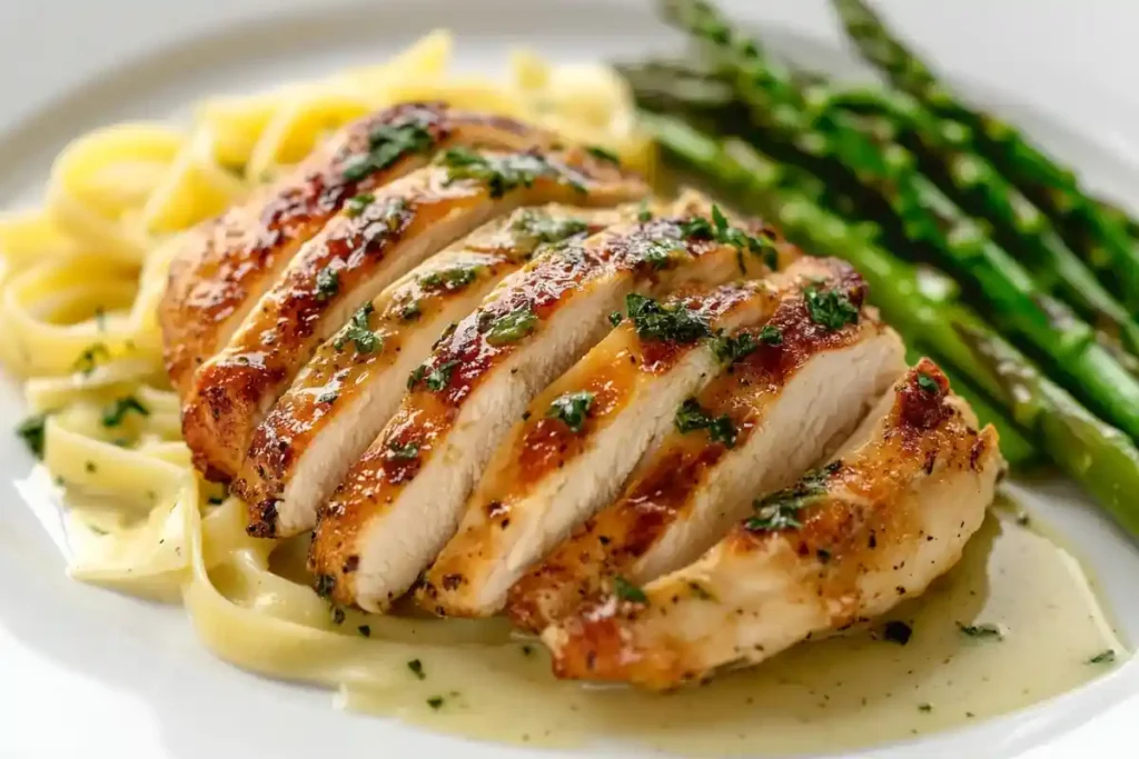 Chicken Christopher served with pasta and asparagus.	